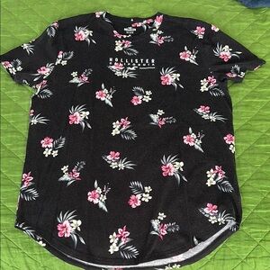 Hollister Black Tee with Pink and White Floral Design